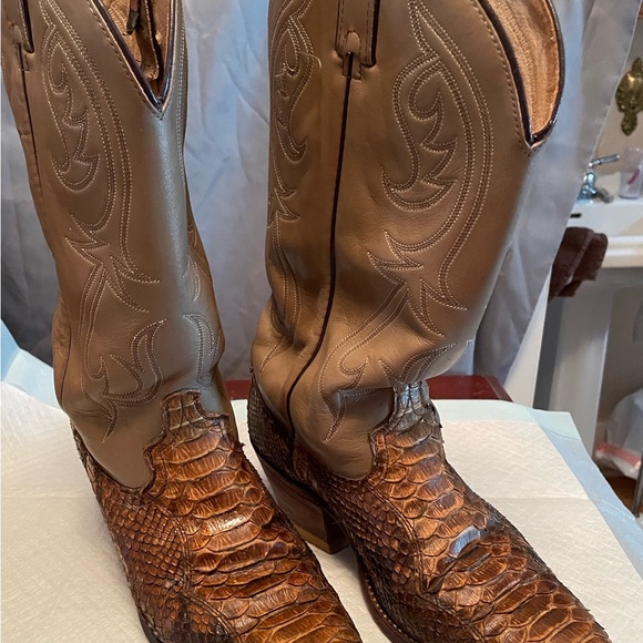 1970’s Vintage Men’s Embroidered Python Snakeskin Brown Leather Boots - Picture 2 of 9